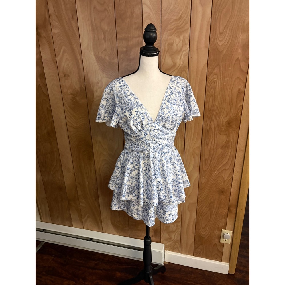 Shein Blue Floral Tiered Ruffle Romper Flutter Sleeve V-Neck Size M